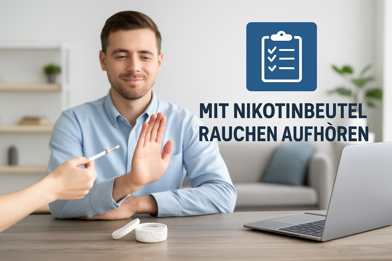 Person hält Nikotinbeutel-Dose und durchgestrichene Zigarettenpackung als Symbol für Rauchstopp