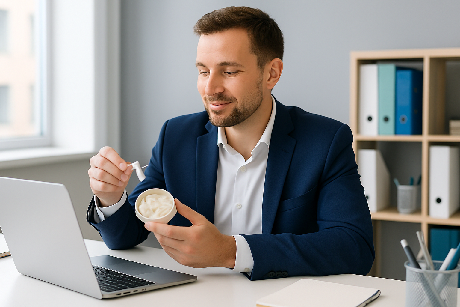 Professionell gekleidete Person am Schreibtisch mit Nikotinbeutel diskret unter der Lippe