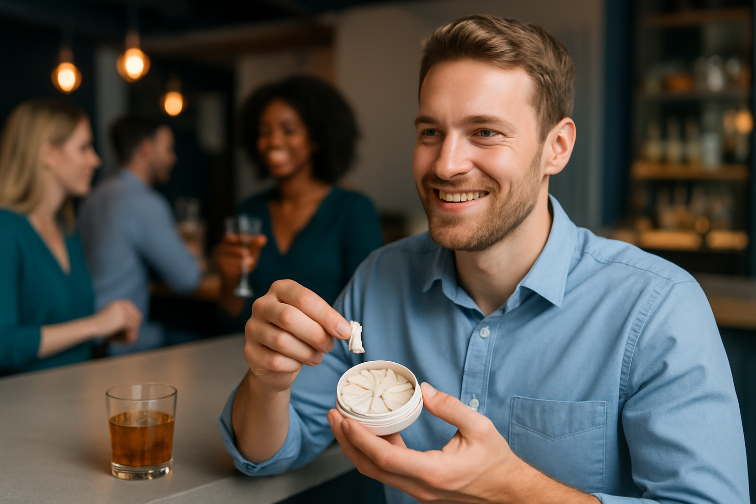 Nikotinbeutel-Dosen in einer Bar-Umgebung mit Getränken
