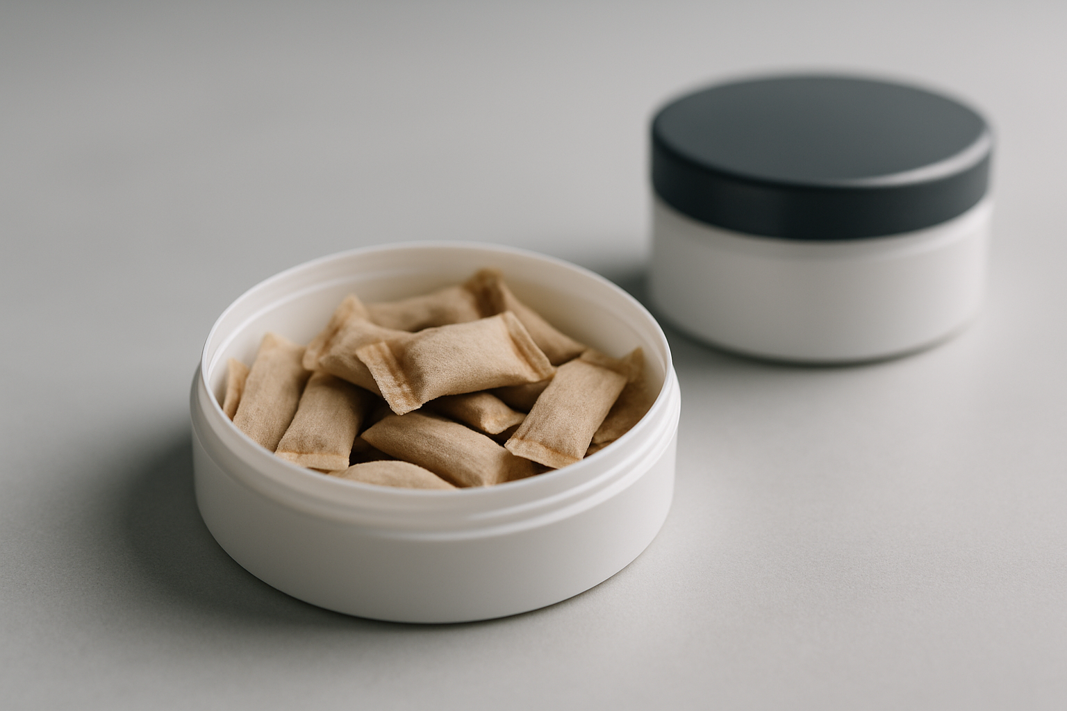 Verschiedene Nikotinbeutel-Dosen mit Preisschildern und Shopping-Symbolen