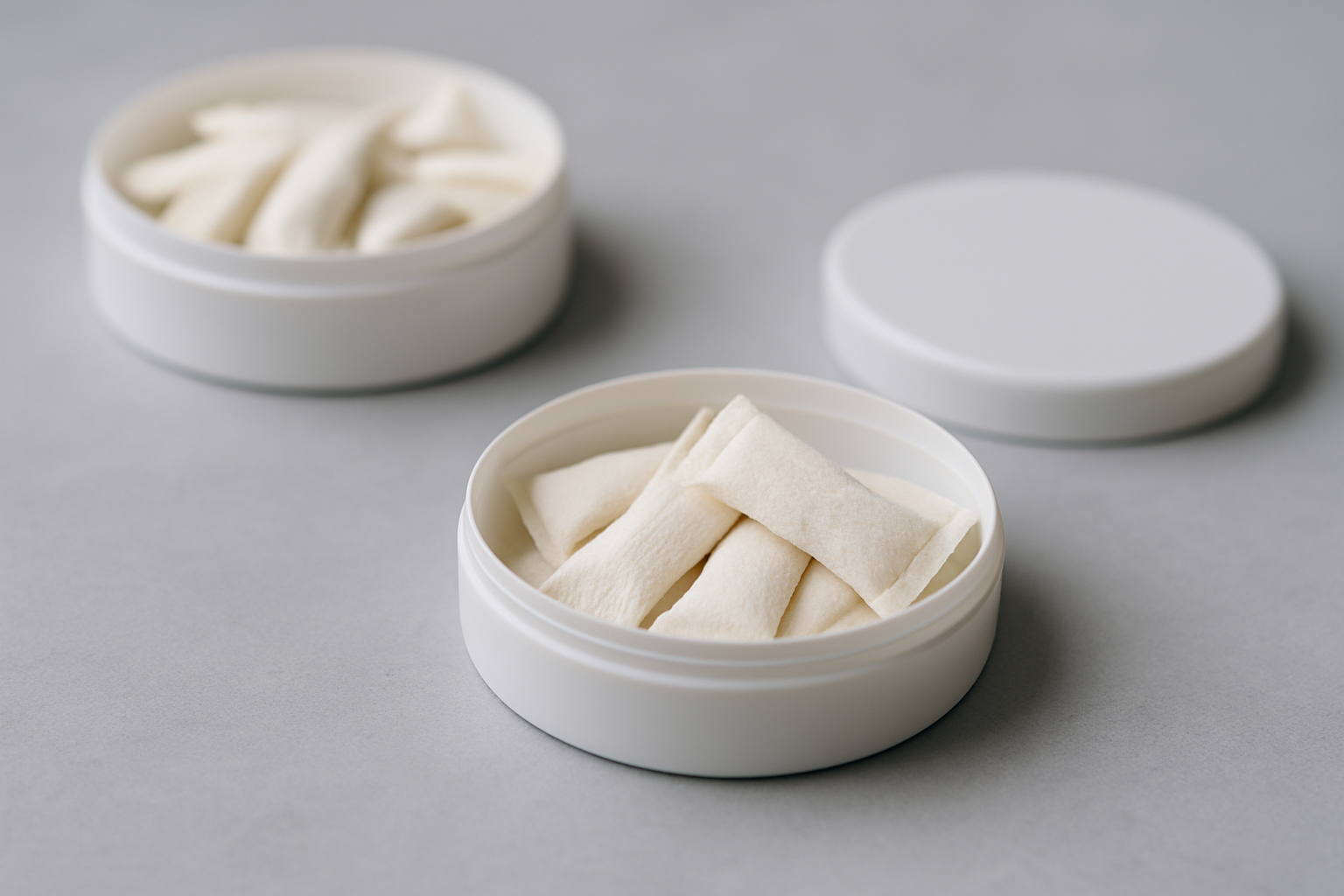 Drei Nikotinbeutel-Dosen von Velo, Nordic Spirit und Lyft nebeneinander im Vergleich