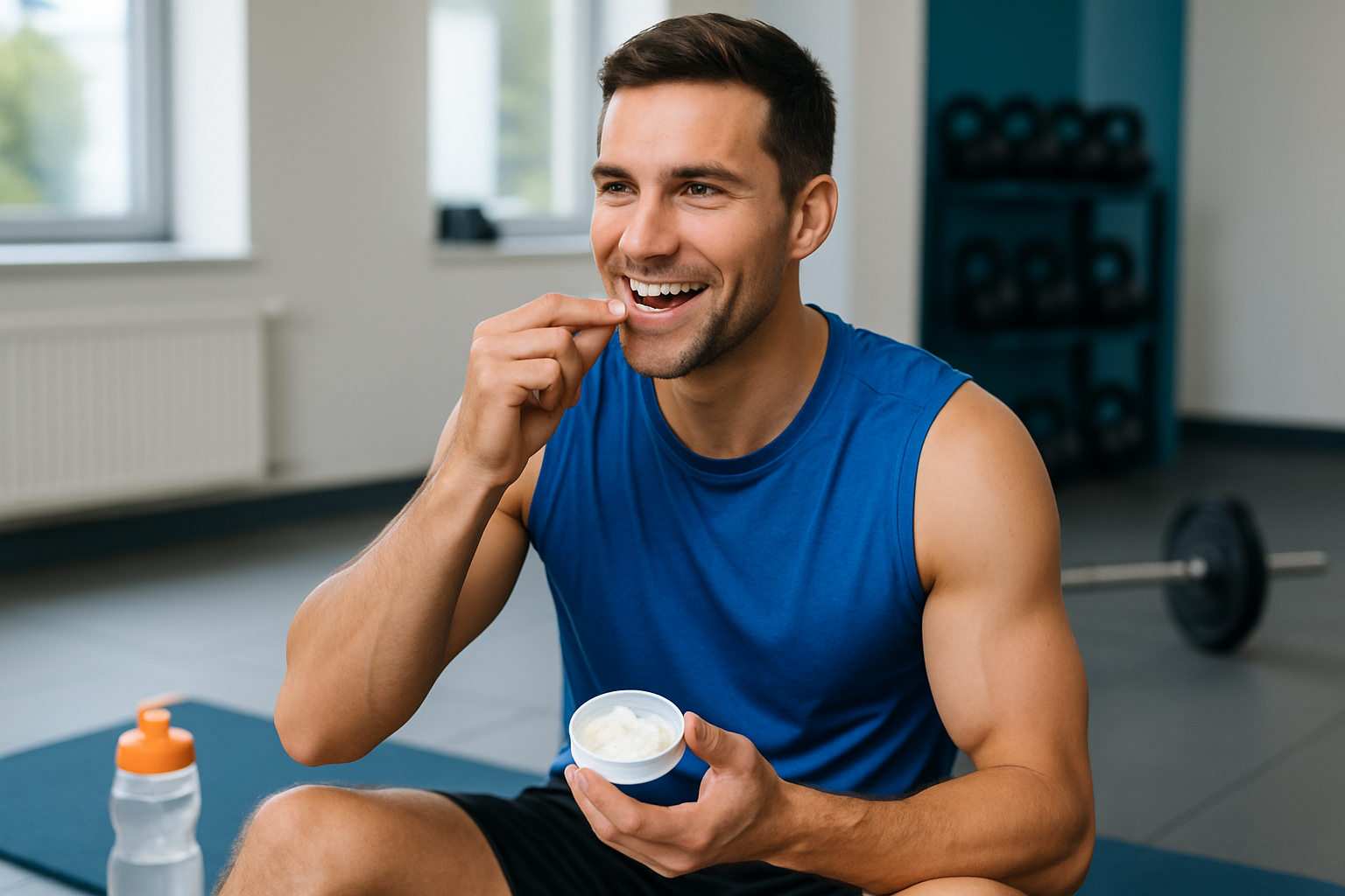 Sportler mit Nikotinbeutel beim Training im Fitnessstudio