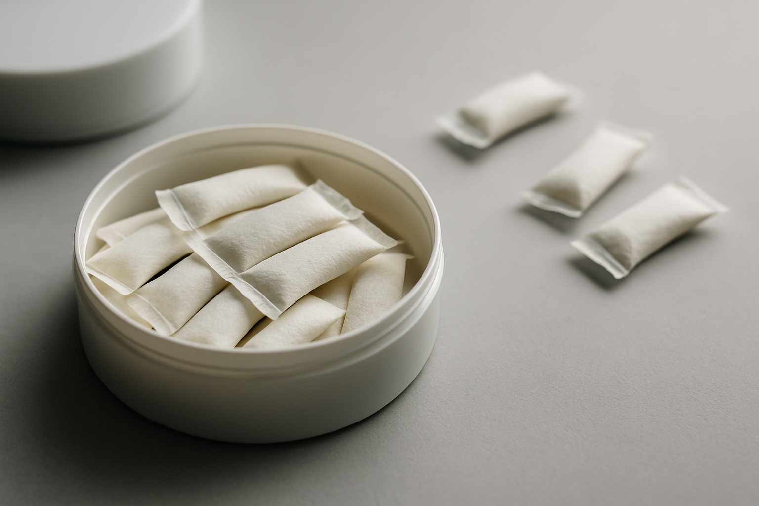 Verschiedene Nikotinbeutel-Dosen mit unterschiedlichen Stärken von Low bis Extra Strong